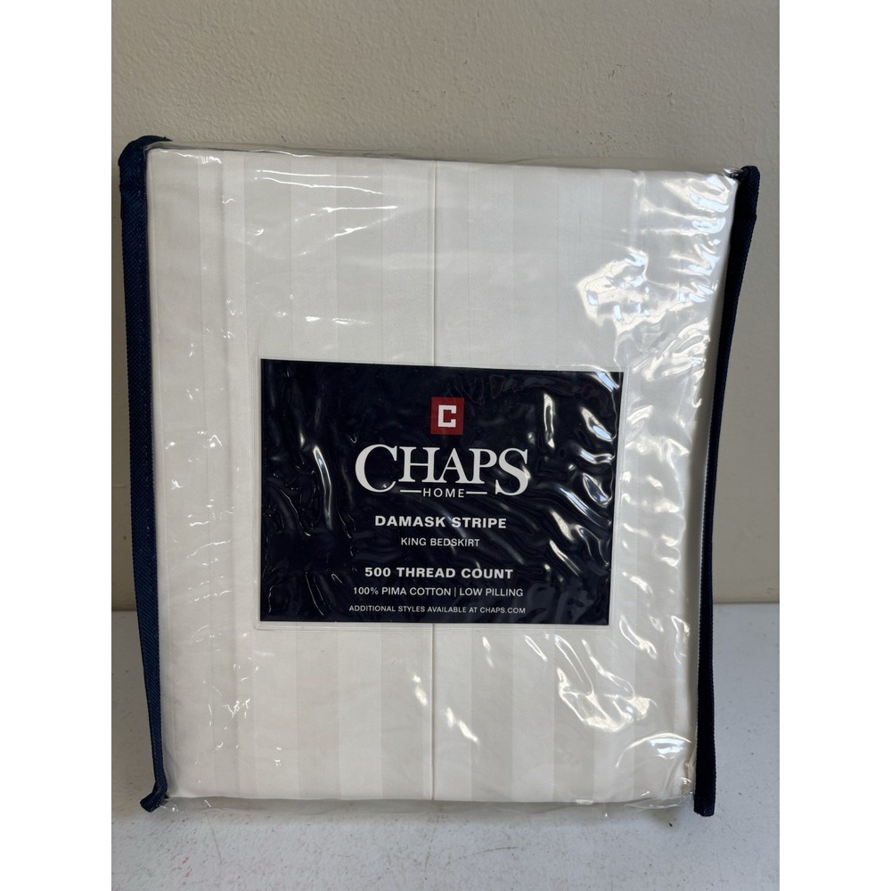 CHAPS Damask Stripe Bedskirt King Size White 500 Tc NEW NIP